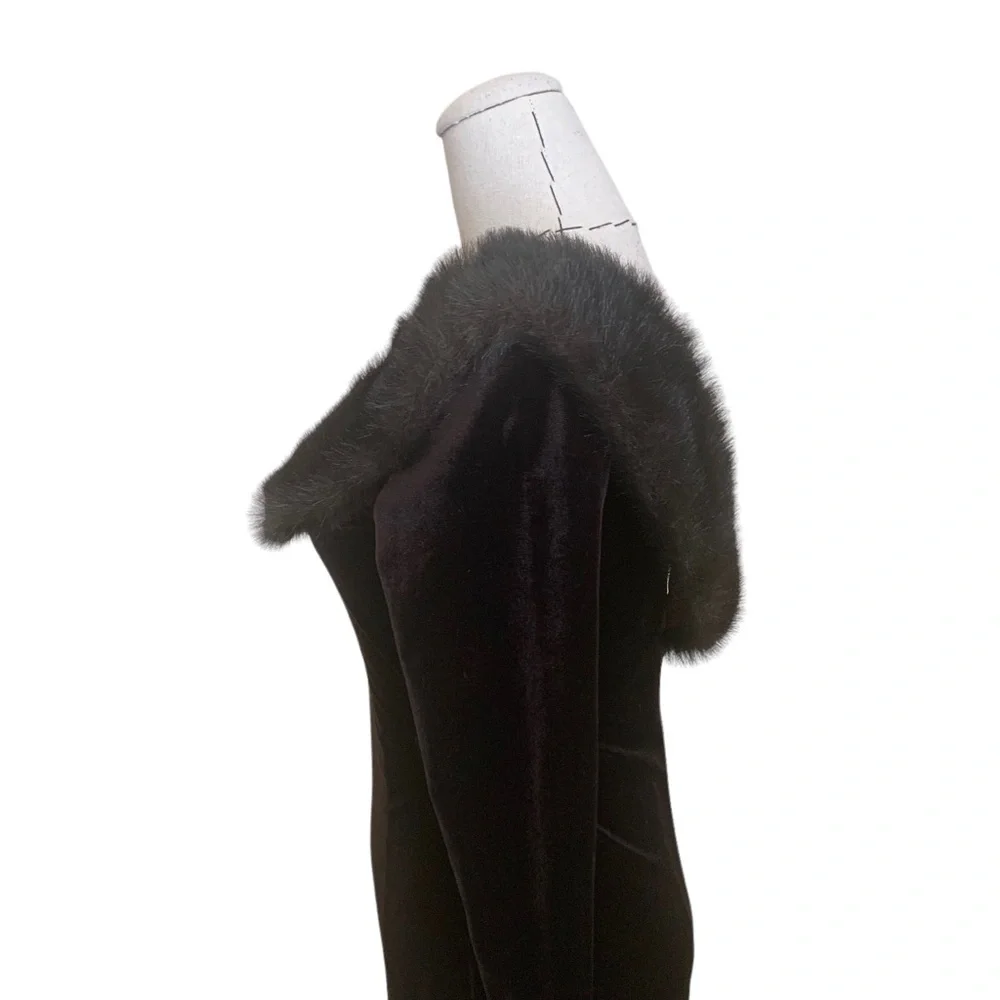 Vintage 90s Chocolate Brown Stretch Velvet Faux Fur Collar Maxi Dress Small - Picture 10 of 12